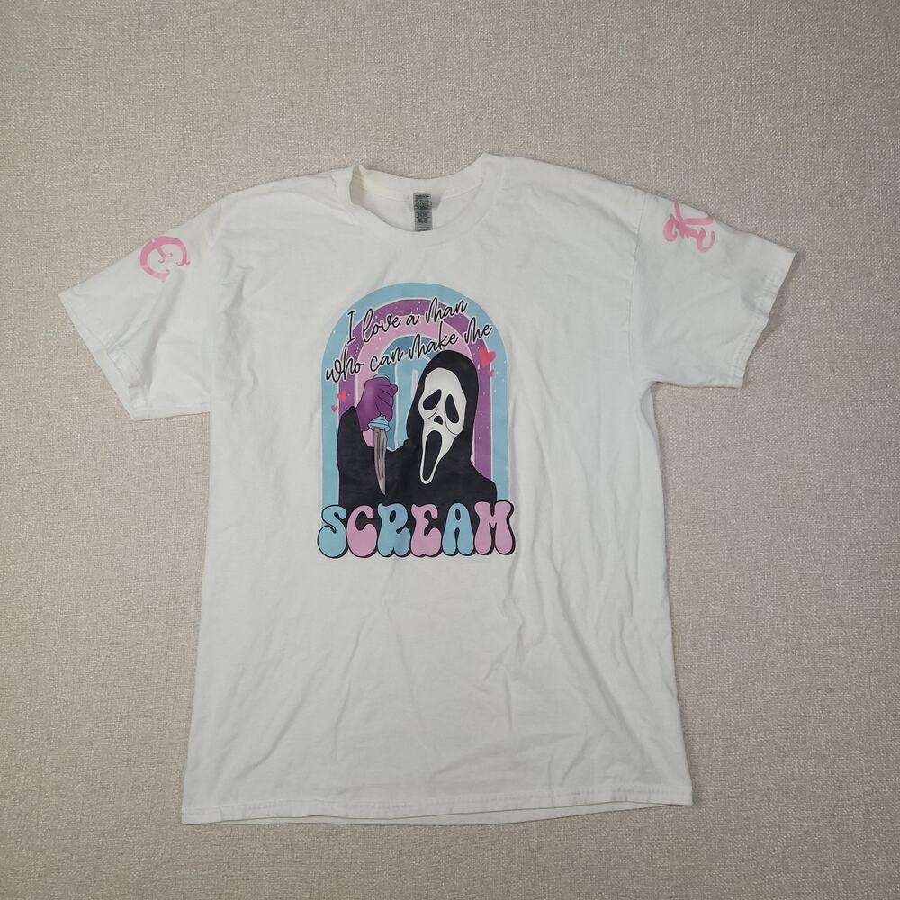 Gildan White "Scream" Graphic Tee with Pastel Pink & Blue Accents